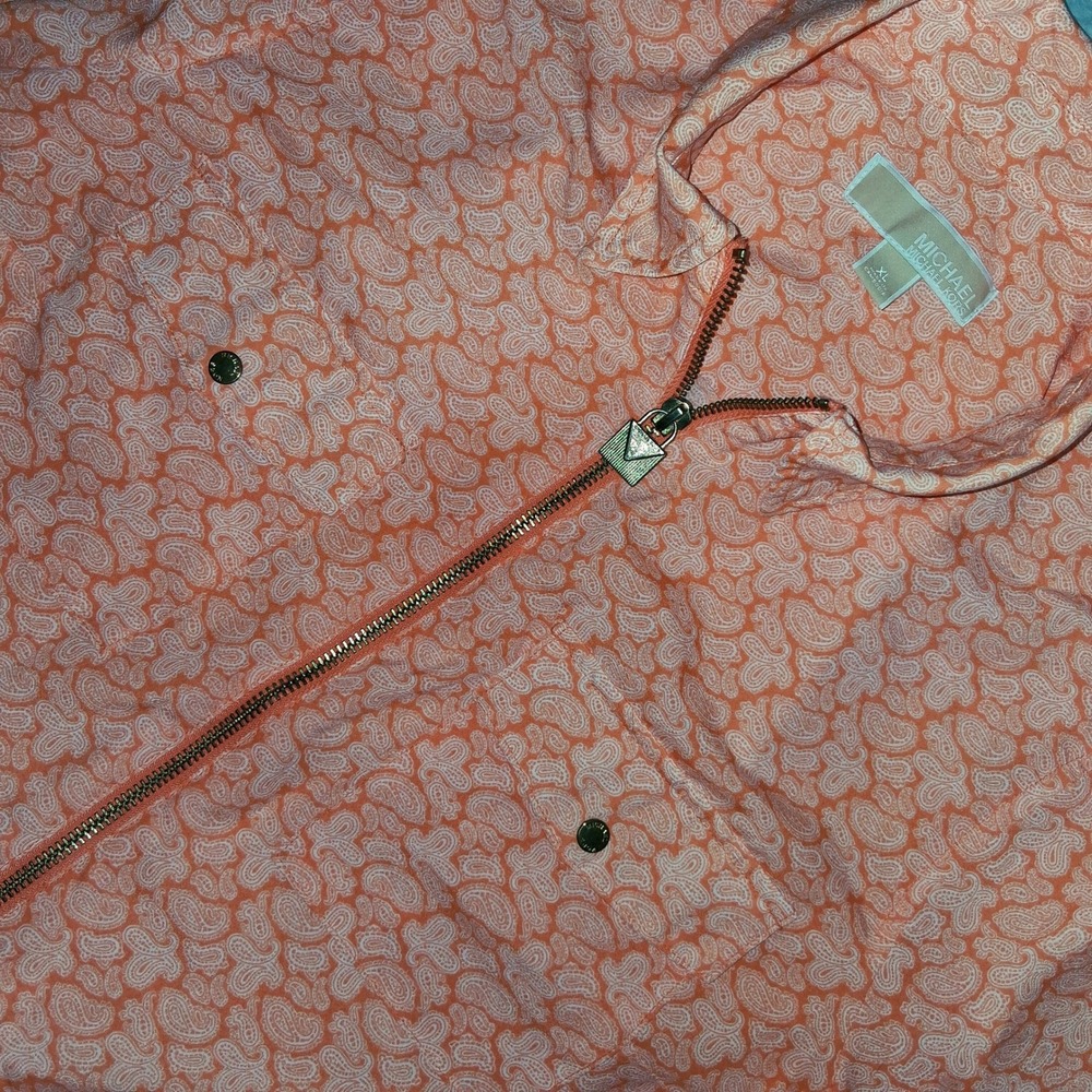 Michael Kors Womens Orange‎ Paisley Print Zip Front Collared Shirt Top Size XL